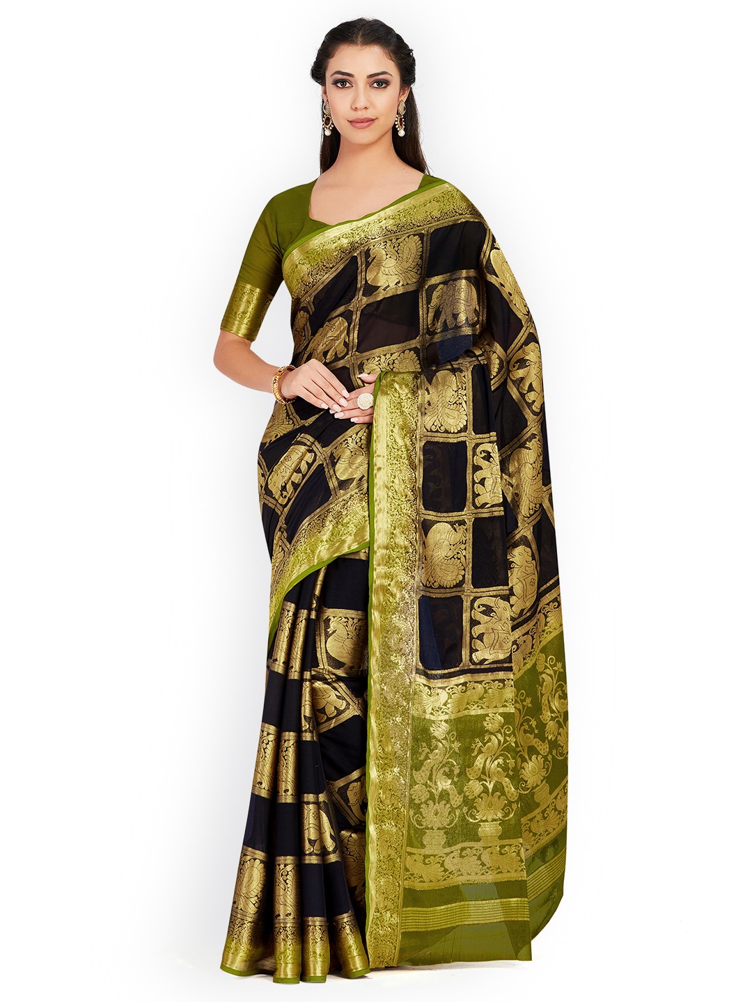 

MIMOSA Black Poly Chiffon Woven Design Kanjeevaram Saree