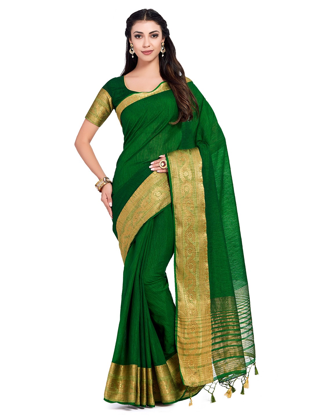 

MIMOSA Green Linen Blend Solid Kanjeevaram Saree