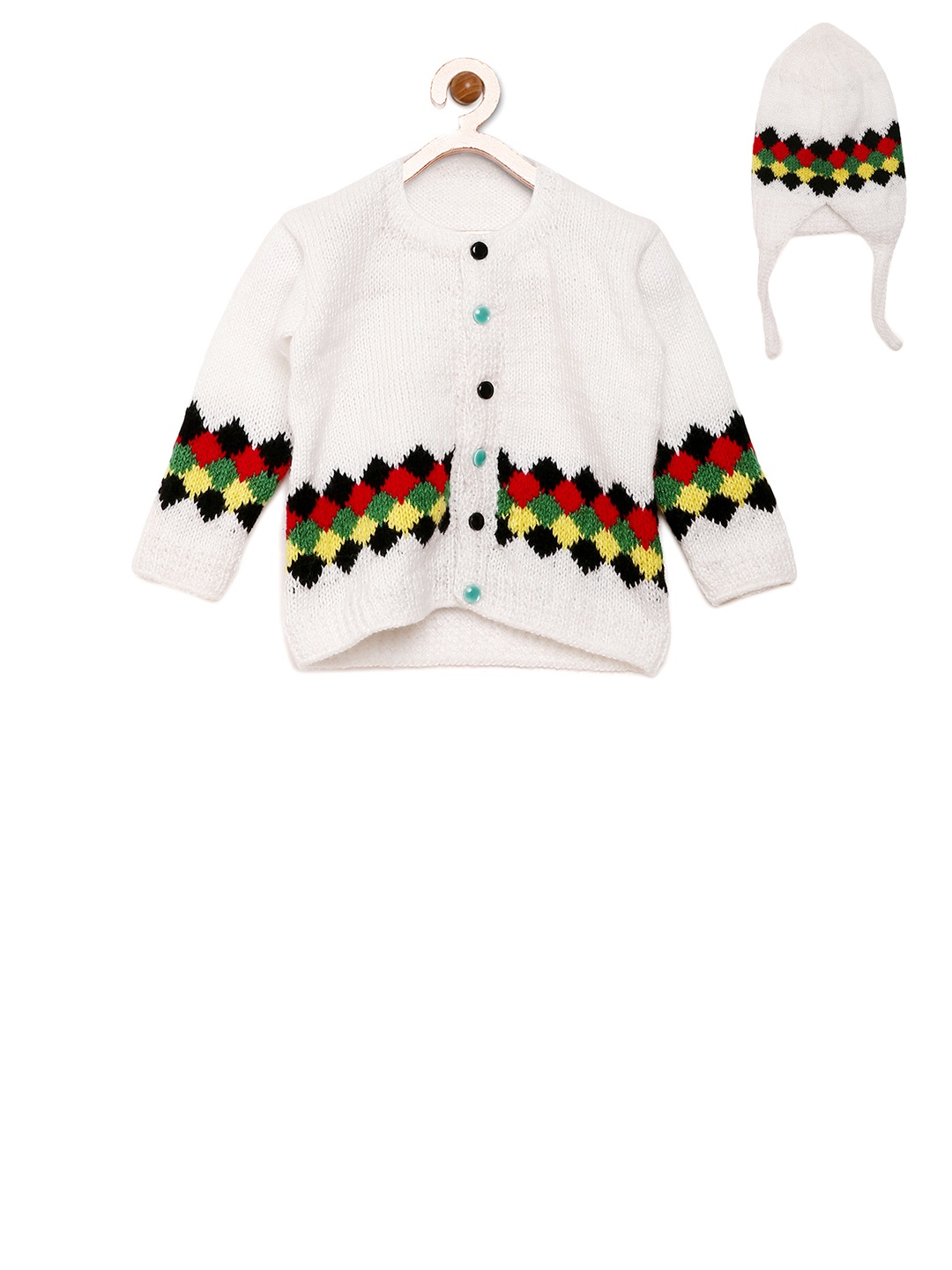 

CHUTPUT Kids White Self Design Woollen Cardigan with Beanie