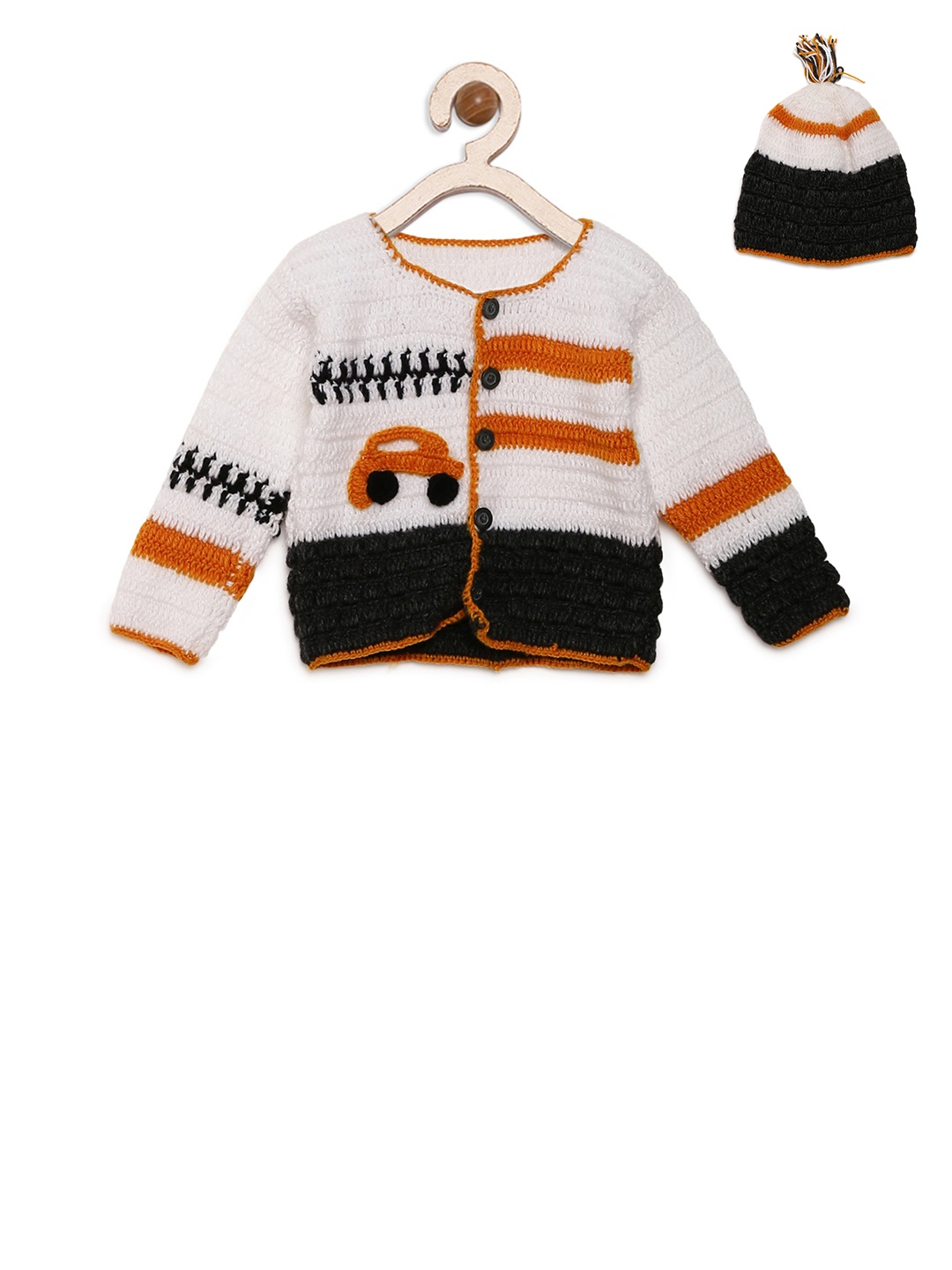 

CHUTPUT Kids White Self Design Woollen Cardigan with Beanie