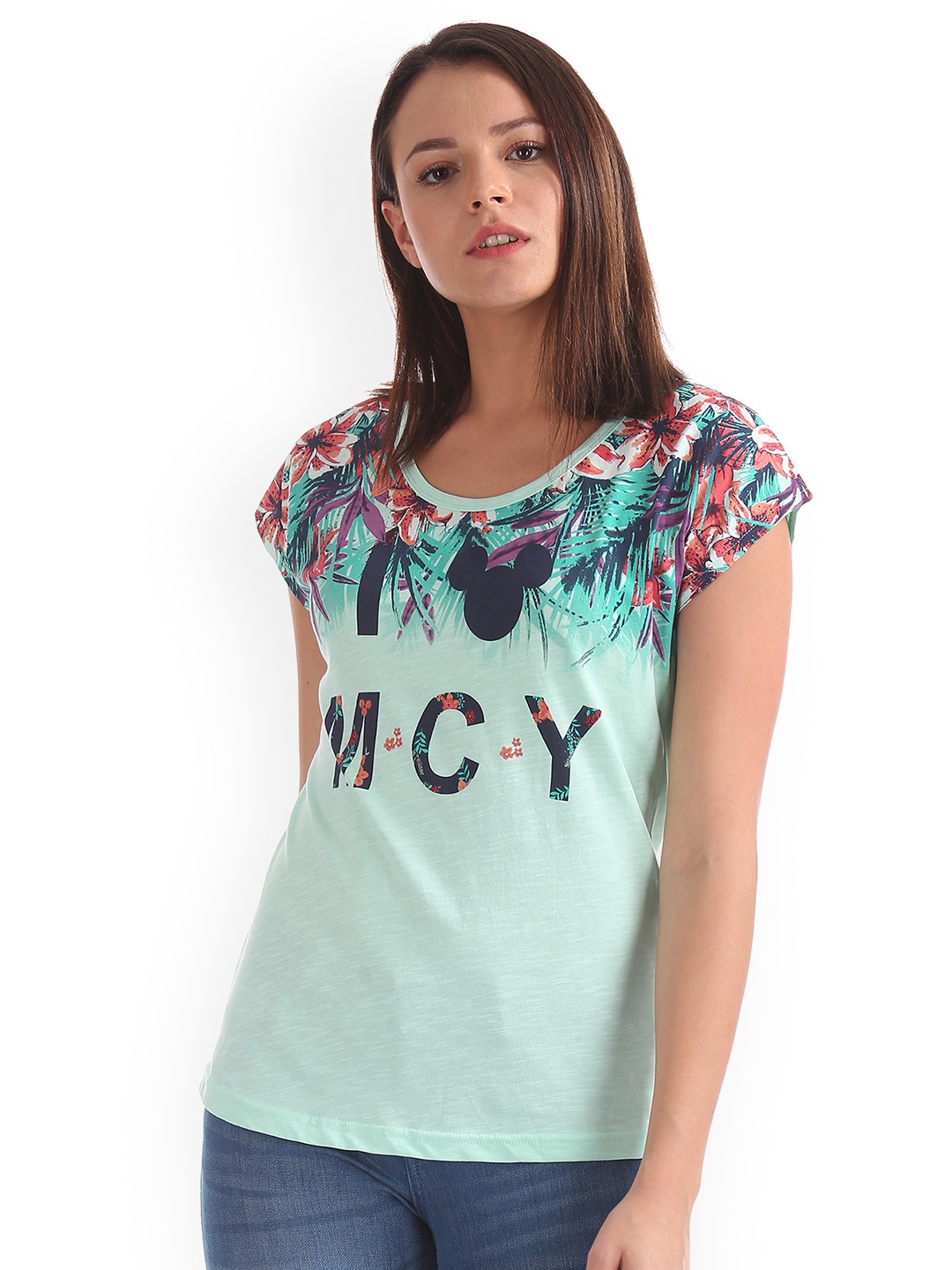

Flying Machine Women Sea Green Printed Round Neck T-shirt