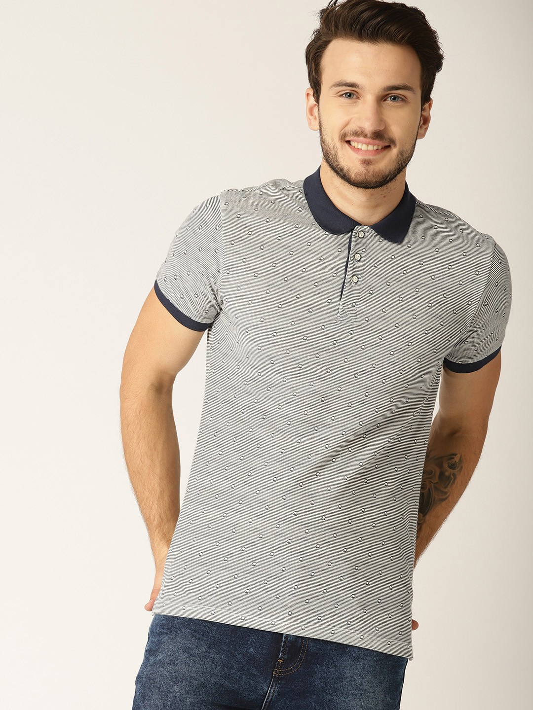 

United Colors of Benetton Men White & Navy Blue Striped Polo Collar T-shirt