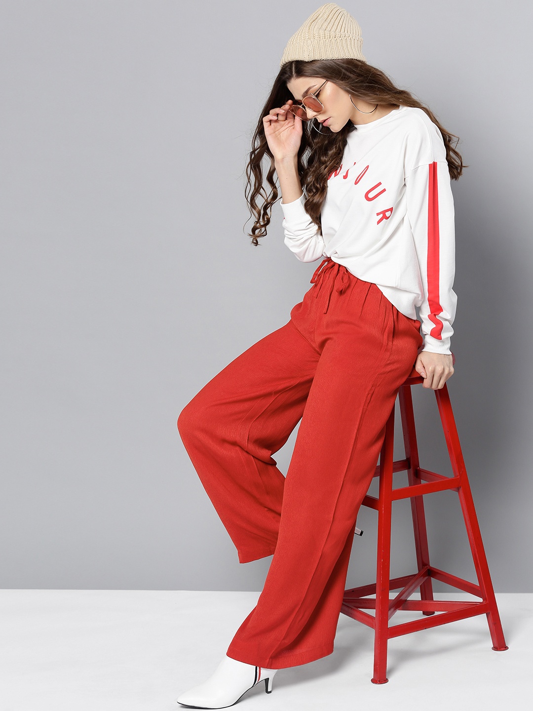 

Harpa Women Red Solid Wide Leg Palazzos