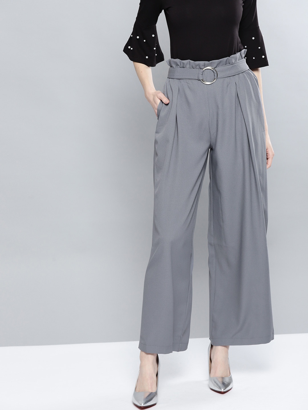 

Harpa Women Grey Regular Fit Solid Parallel Trousers