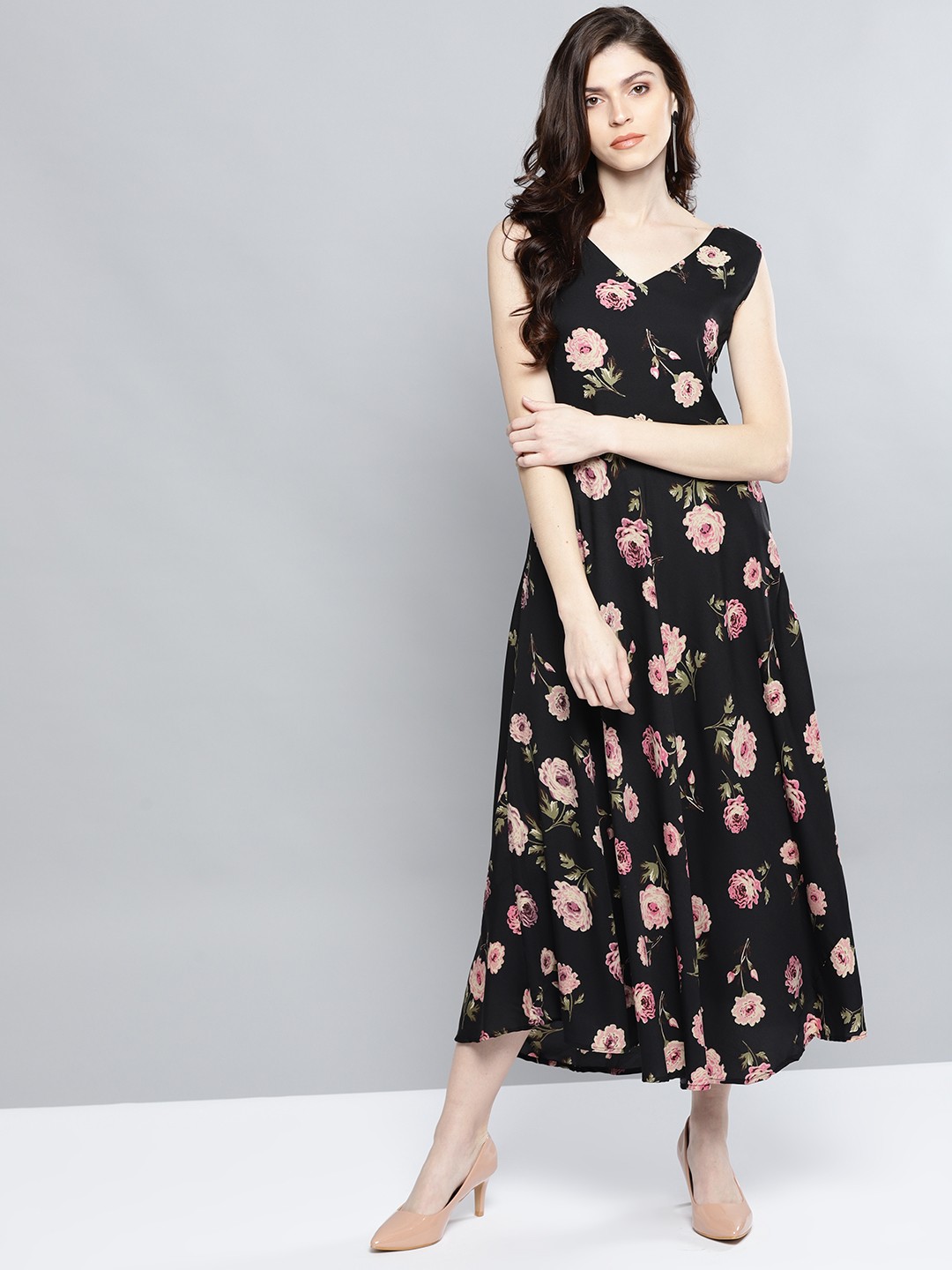 

Harpa Women Black & Pink Floral Print Maxi Dress
