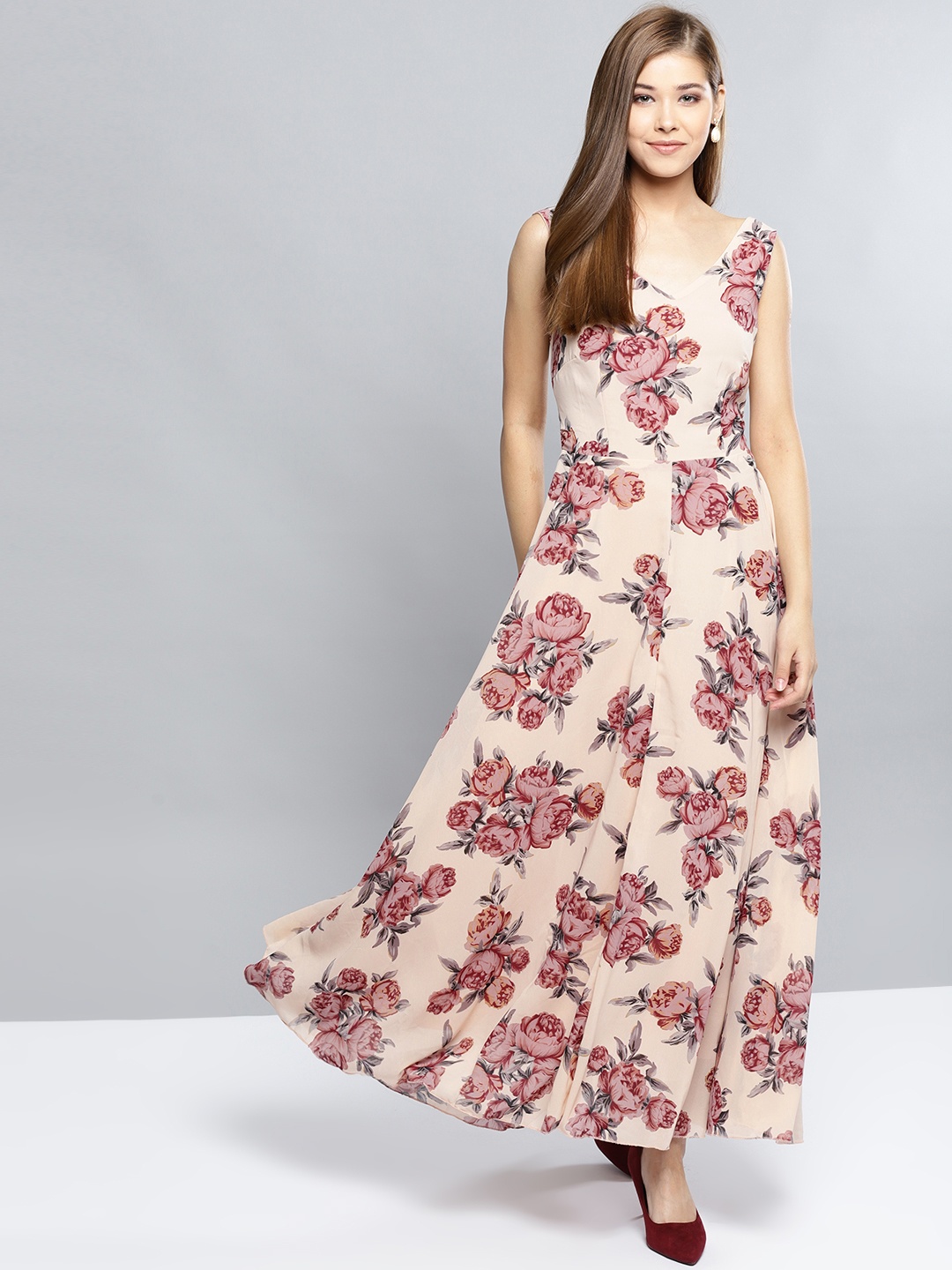 

Harpa Women Beige & Maroon Floral Print Maxi Dress