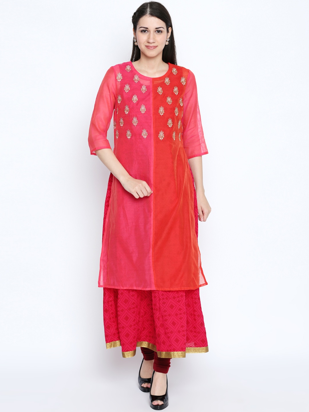 

TRISHAA BY PANTALOONS Women Coral Woven Design A-Line Silk Kurta