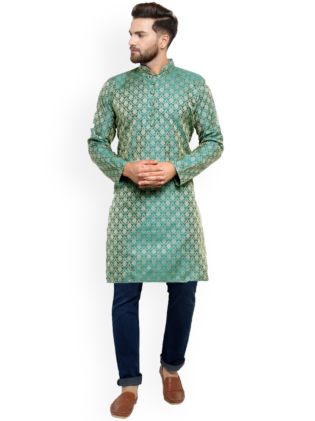 

Jompers Men Green Woven Design Straight Kurta