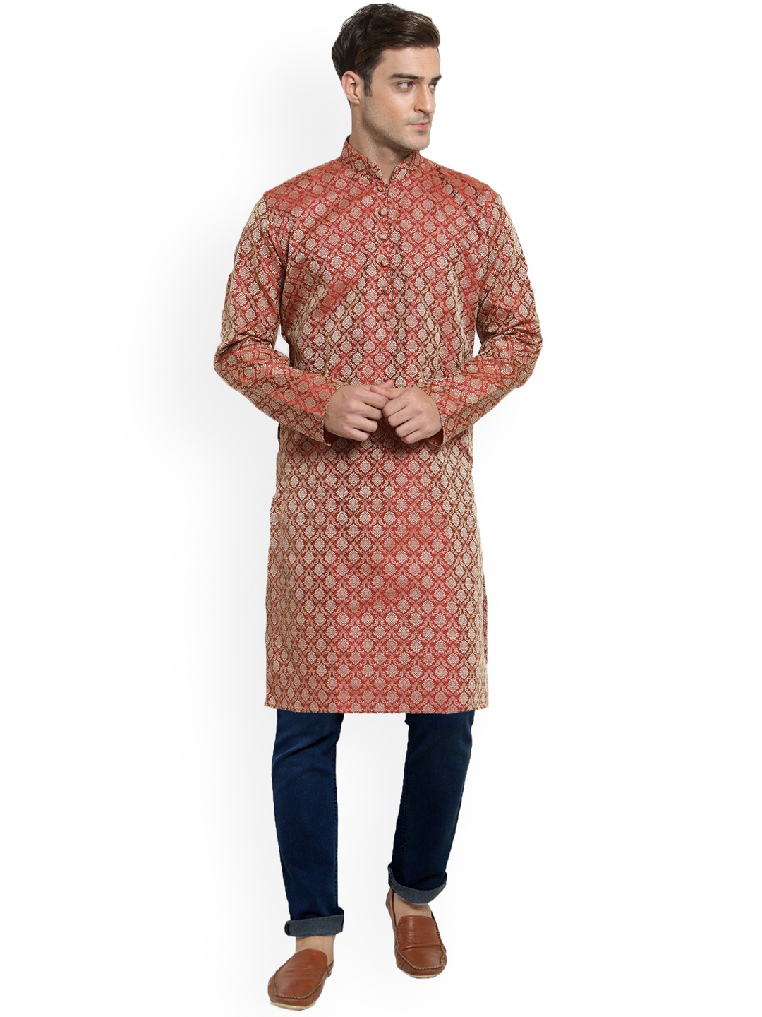 

Jompers Men Red Woven Design Straight Kurta