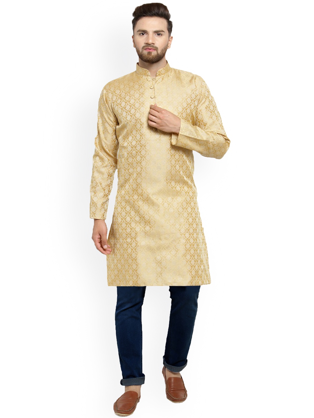 

Jompers Men Gold-Toned Woven Design Straight Kurta