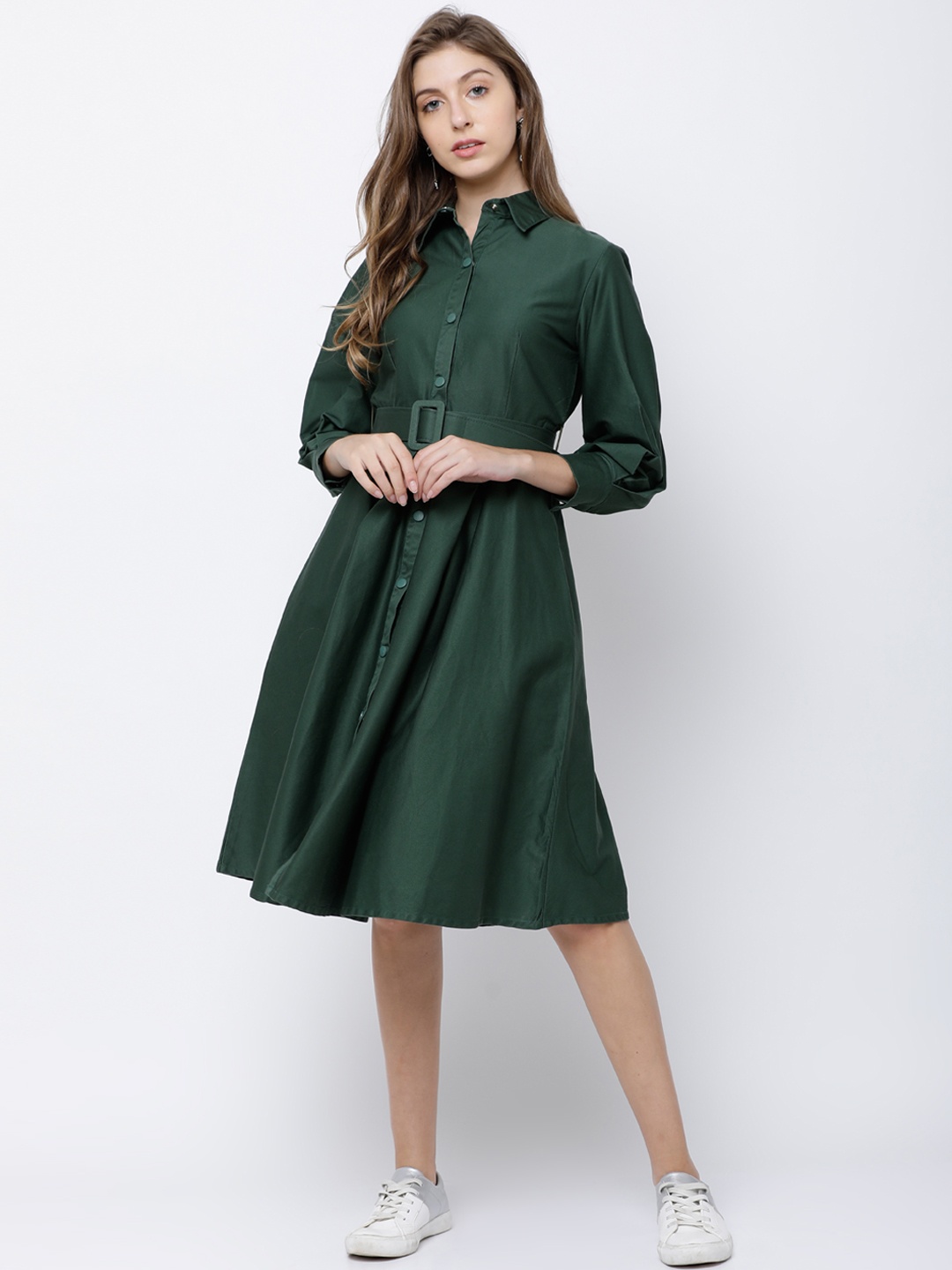 

Tokyo Talkies Women Green Solid Shirt Dress