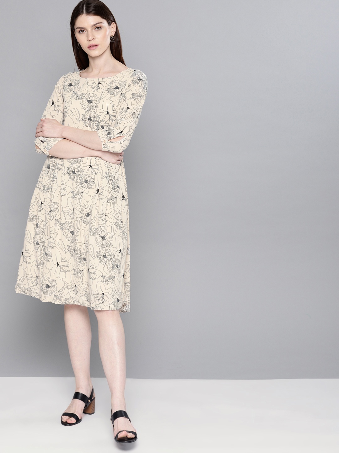 Tokyo Talkies Women Off-White Printed Fit and Flare Dress