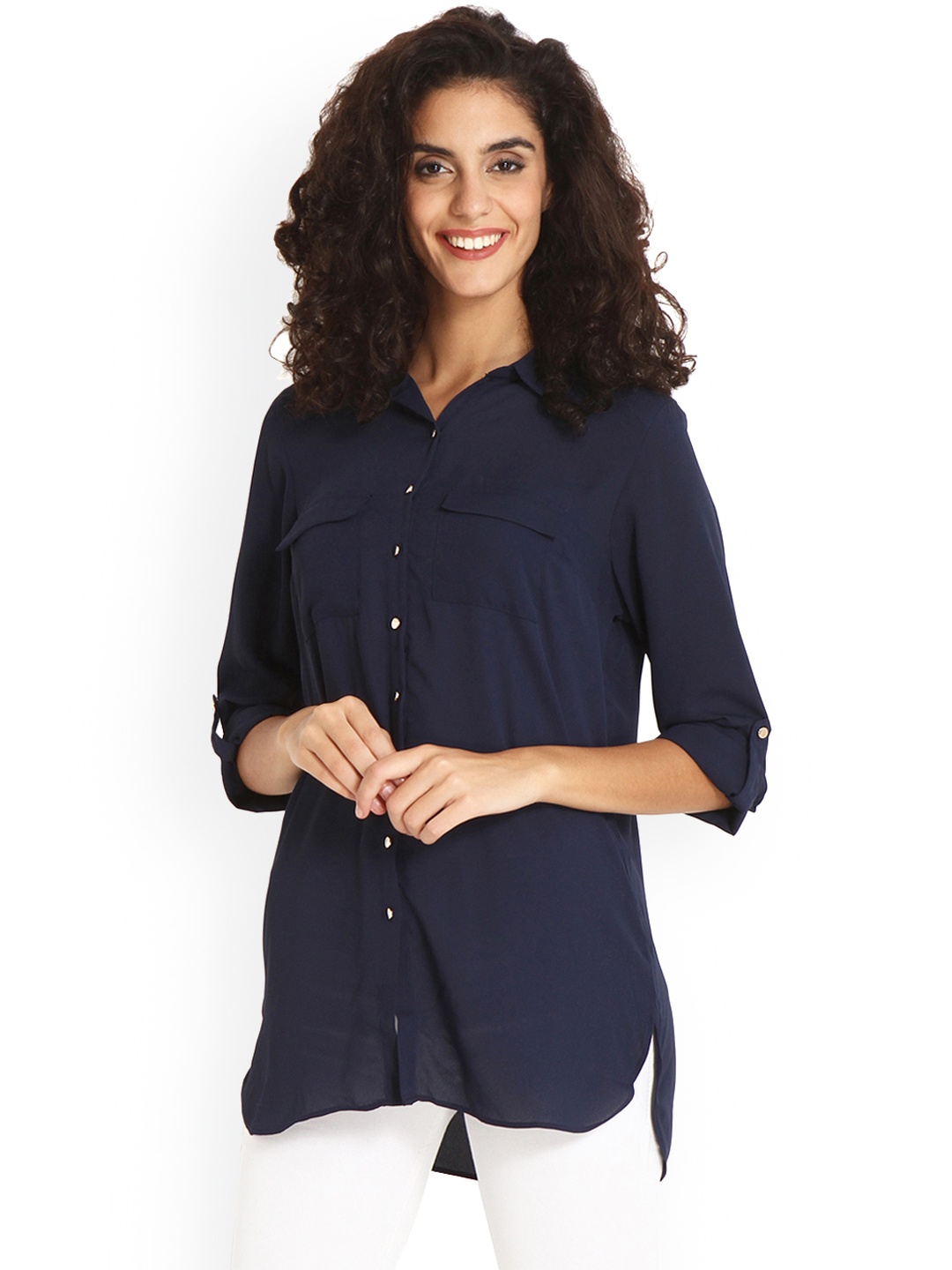 Gipsy Women Navy Blue Regular Fit Solid Casual Shirt