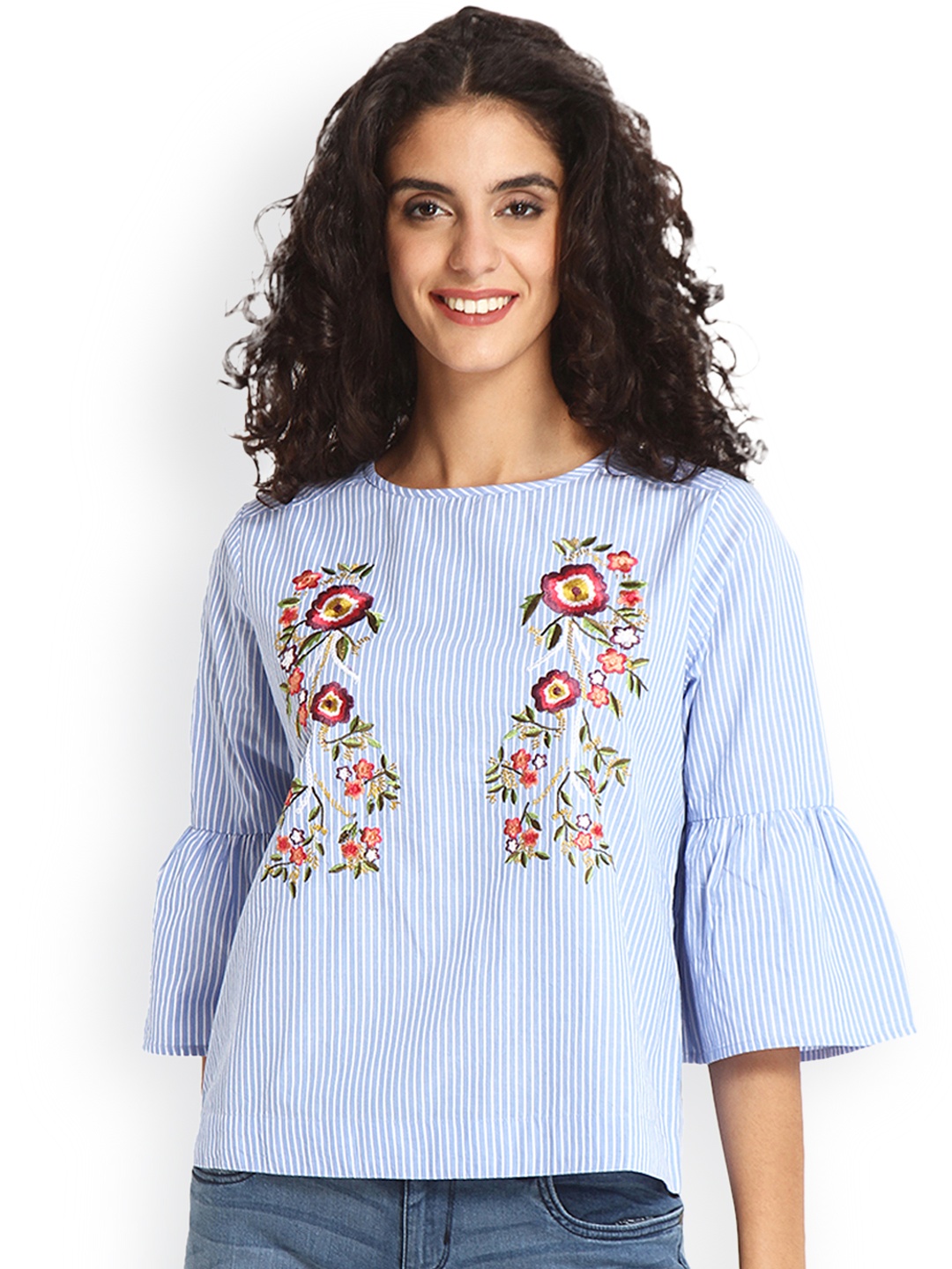 Gipsy Women Blue Striped Pure Cotton Top