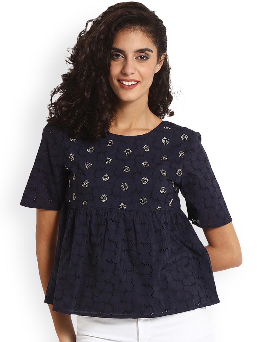 

Gipsy Women Navy Blue Self Design A-Line Top