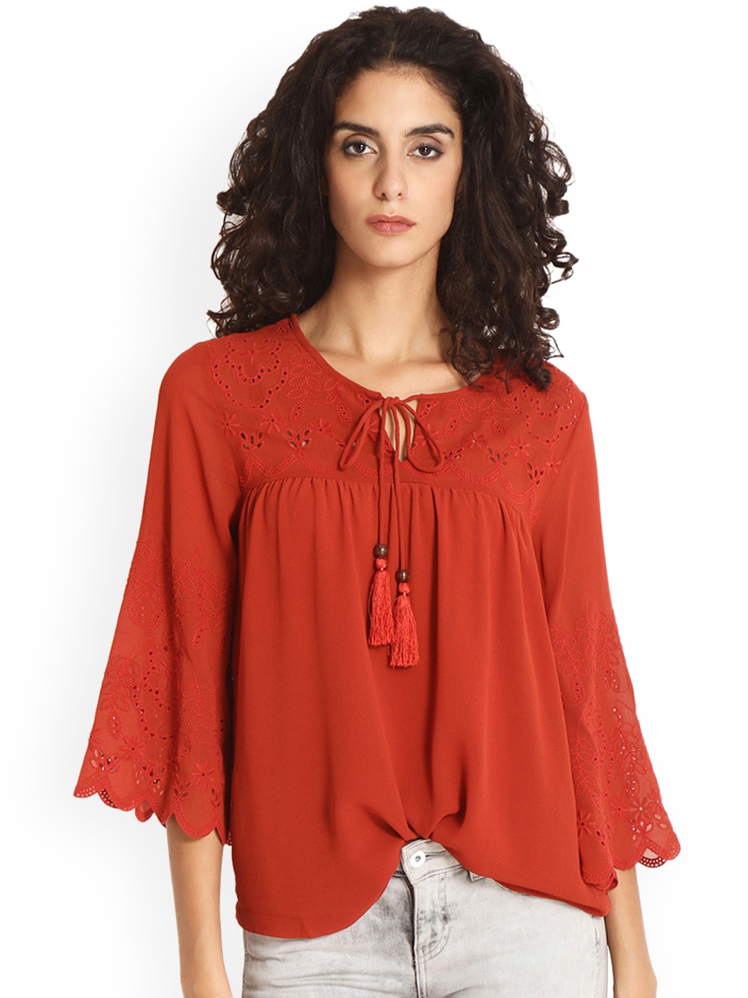

Gipsy Women Rust Orange Schiffli Embroidered Empire Top