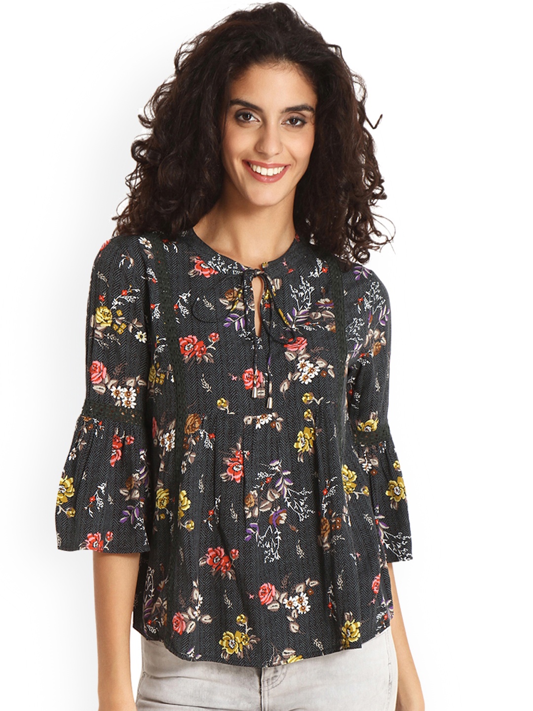 

Gipsy Women Charcoal Grey Floral Print Top