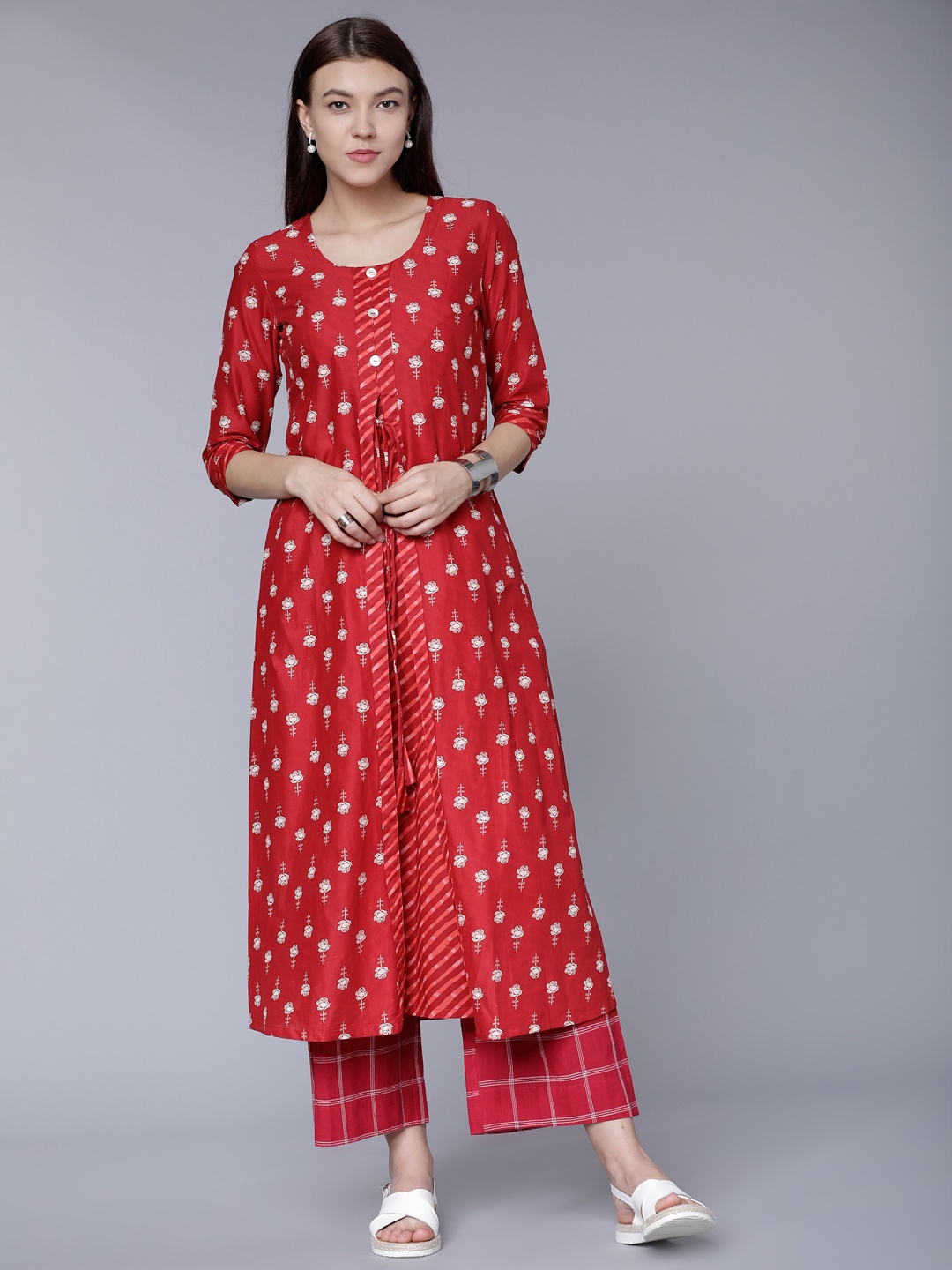 Vishudh Women Red & White Printed A-Line Kurta