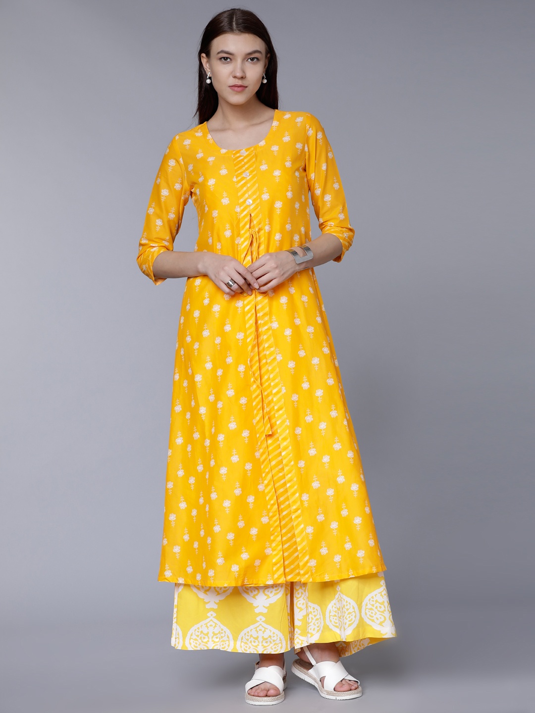 

Vishudh Women Yellow & White Printed A-Line Kurta