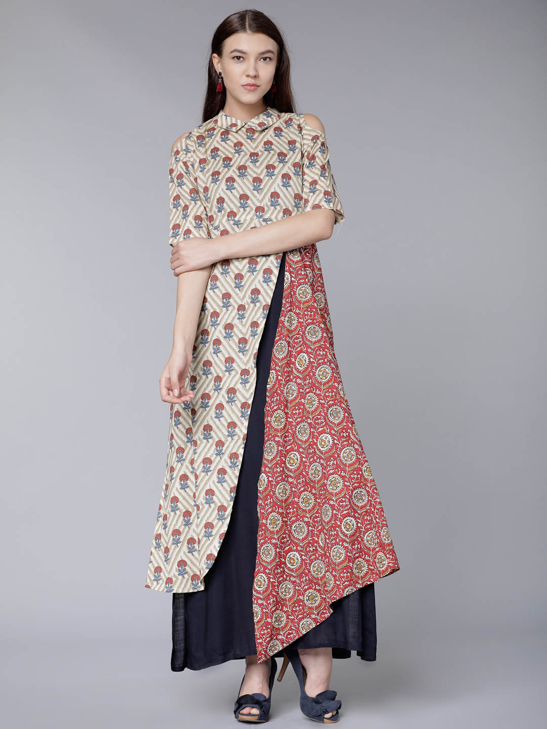 

Vishudh Women Red & Beige Printed A-Line Kurta