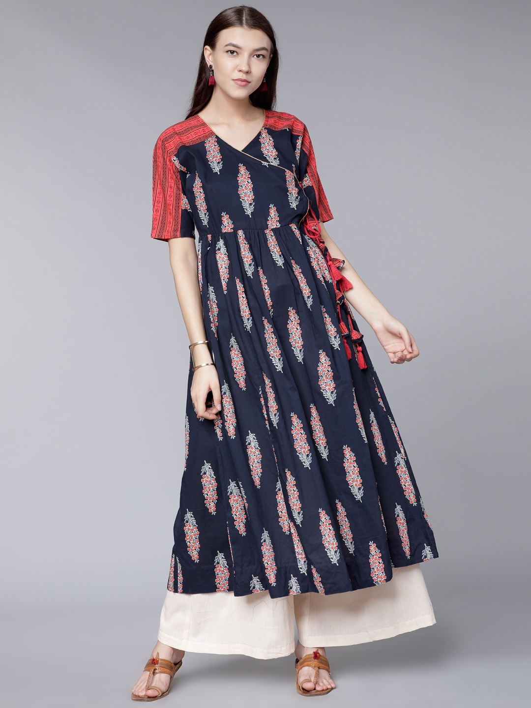 

Vishudh Women Navy Blue & Orange Printed Anarkali Kurta