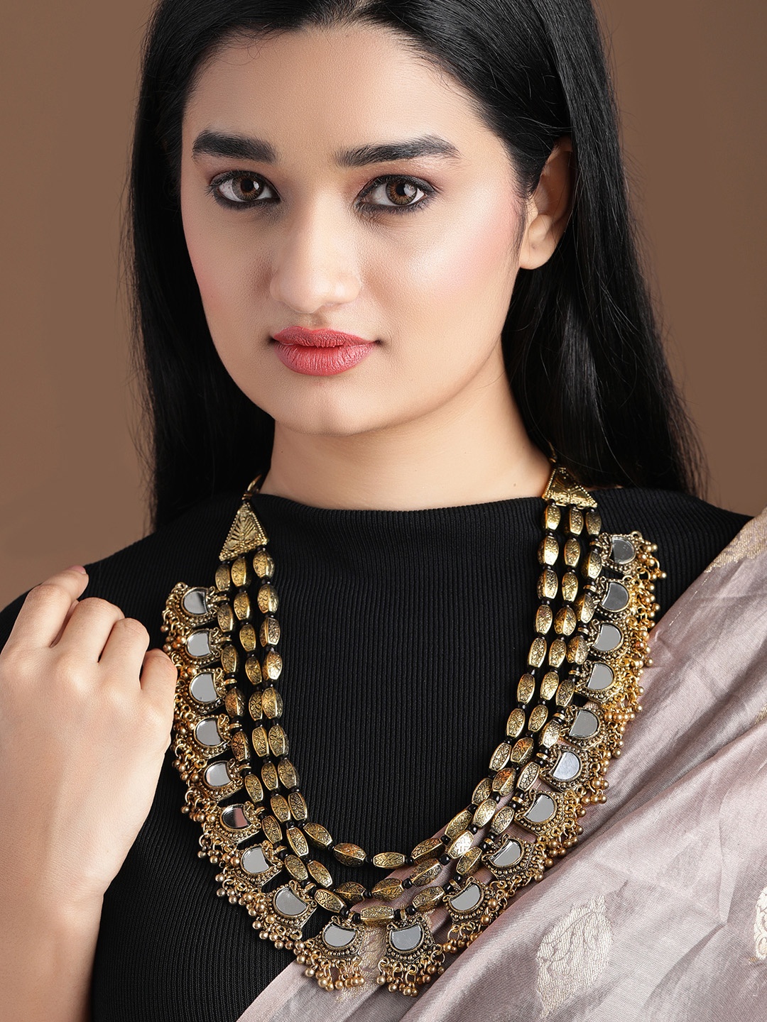 

Rubans Dual Tone in Silver and Gold, Mirror Detailing with Gold Beads Multilayer Necklace