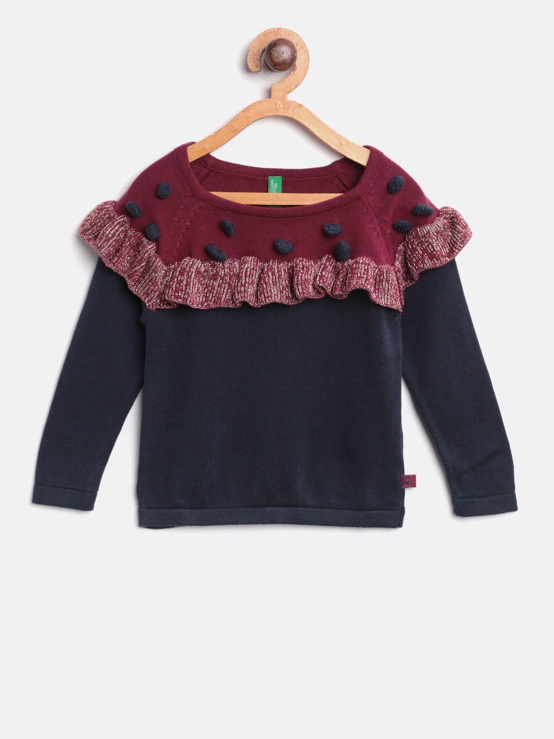 

United Colors of Benetton Girls Navy Blue & Maroon Colourblocked Pullover