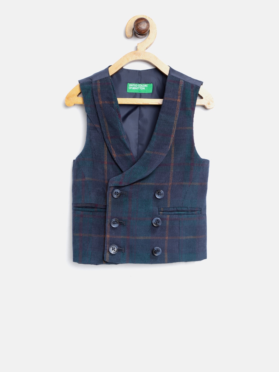 

United Colors of Benetton Boys Navy Blue & Green Checked Pure Cotton Waistcoat