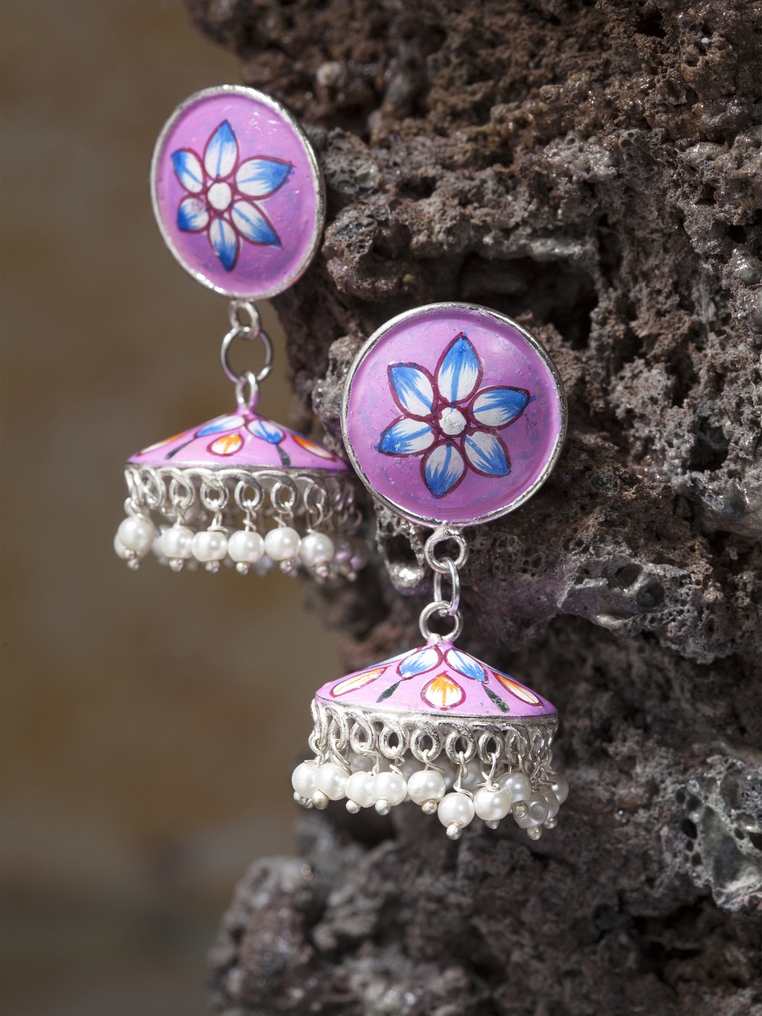 

Moedbuille Silver-Plated & Hand Painted Dome Shaped Jhumkas, Purple