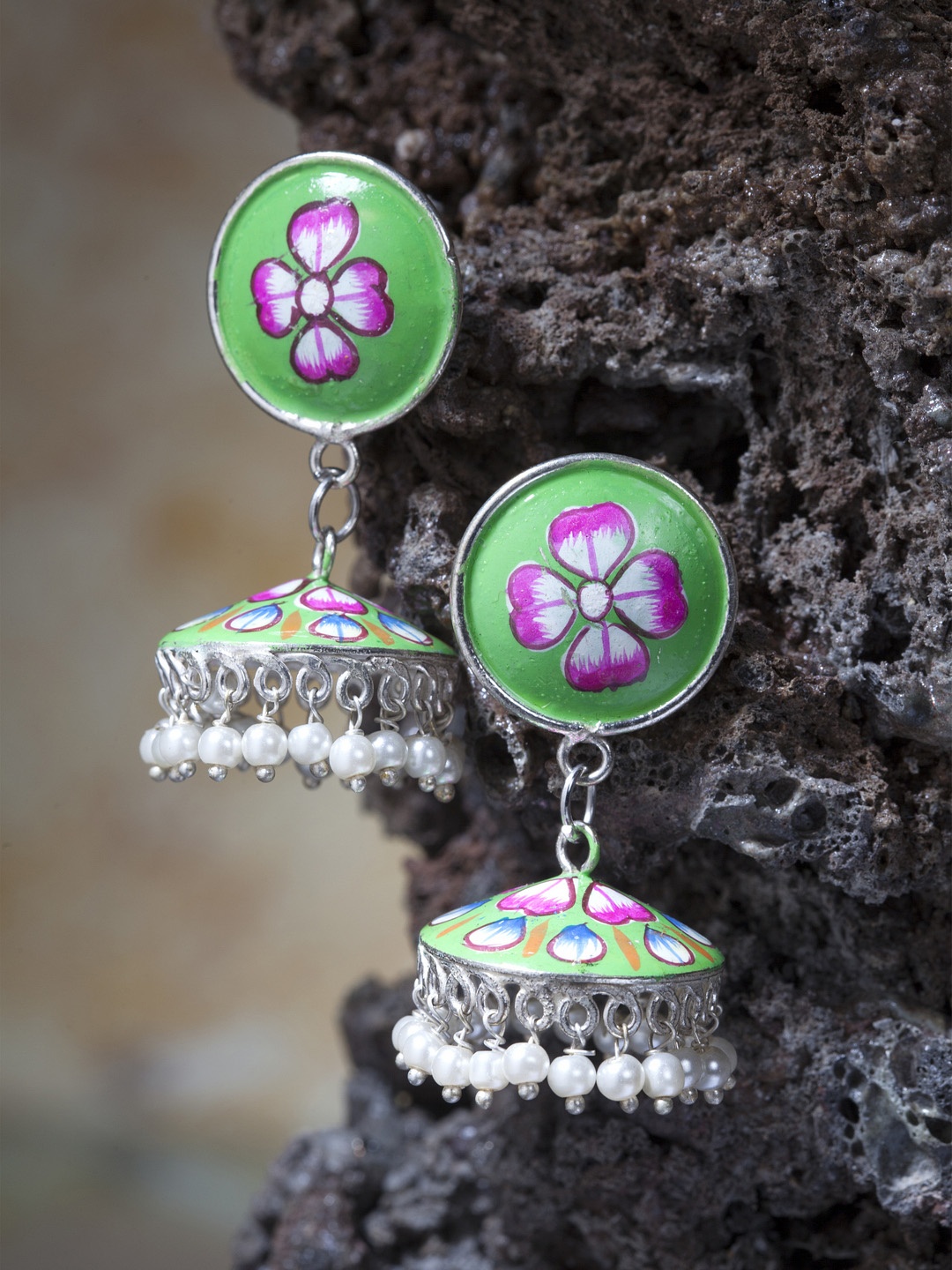 

Moedbuille Silver-Plated & Hand Painted Dome Shaped Jhumkas, Green