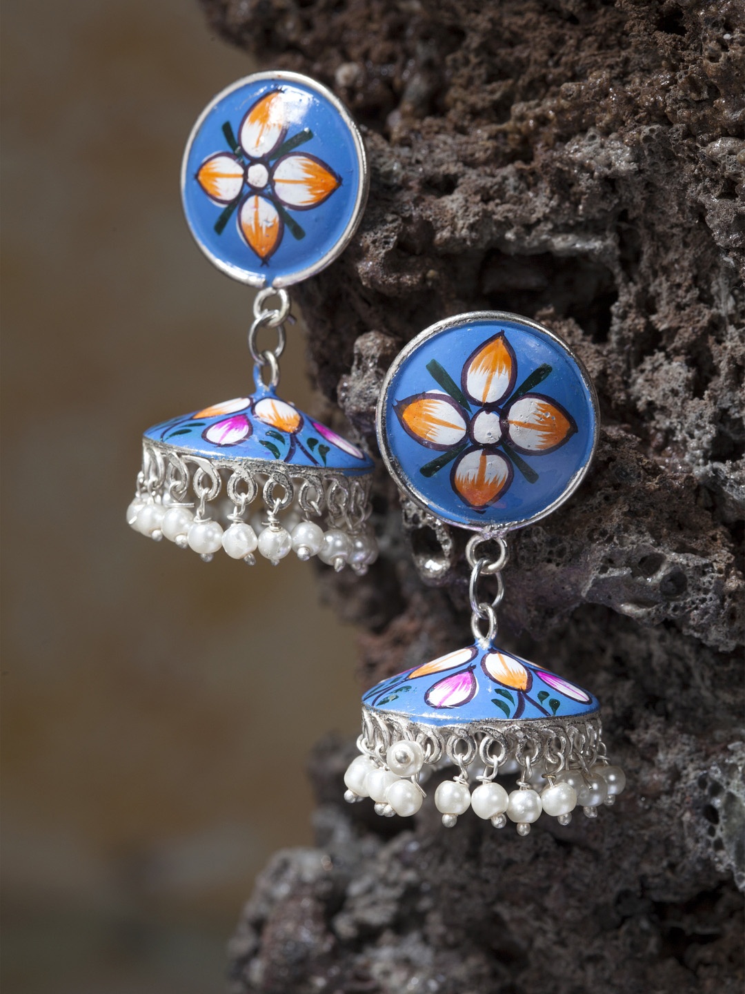 Moedbuille silver-Plated & Hand Painted Dome Shaped Jhumkas, Blue