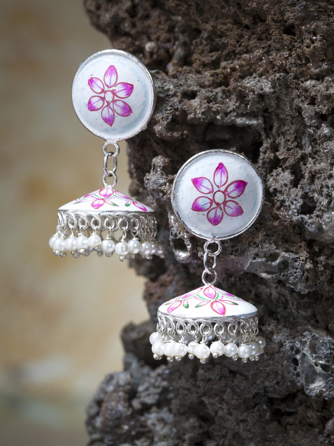 

Moedbuille Silver-Plated & Hand Painted Dome Shaped Jhumkas, White
