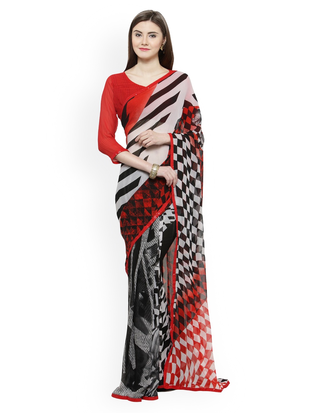 Shaily Red & Black Pure Georgette Printed Saree