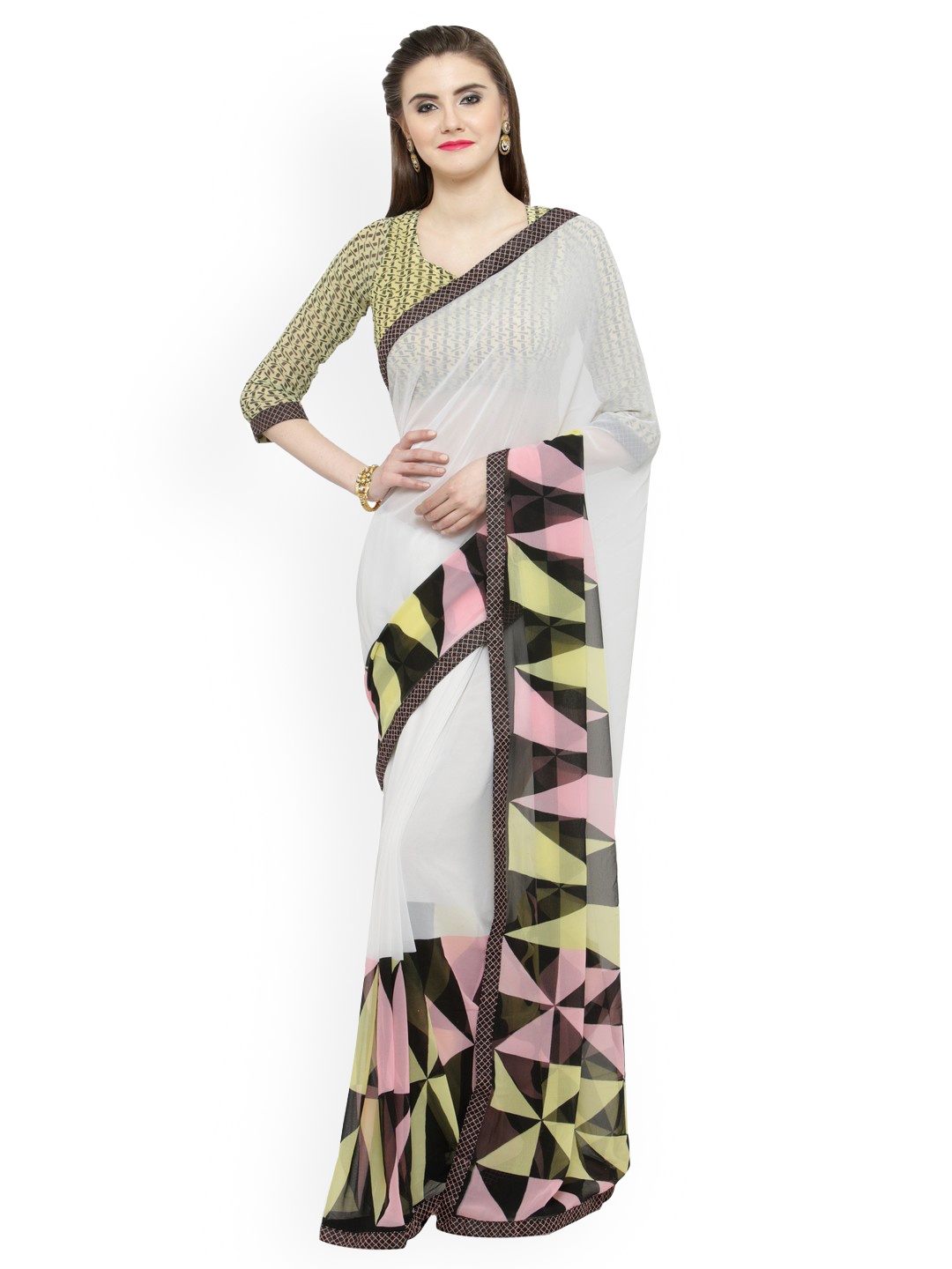 

Shaily White & Yellow Pure Georgette Printed Saree