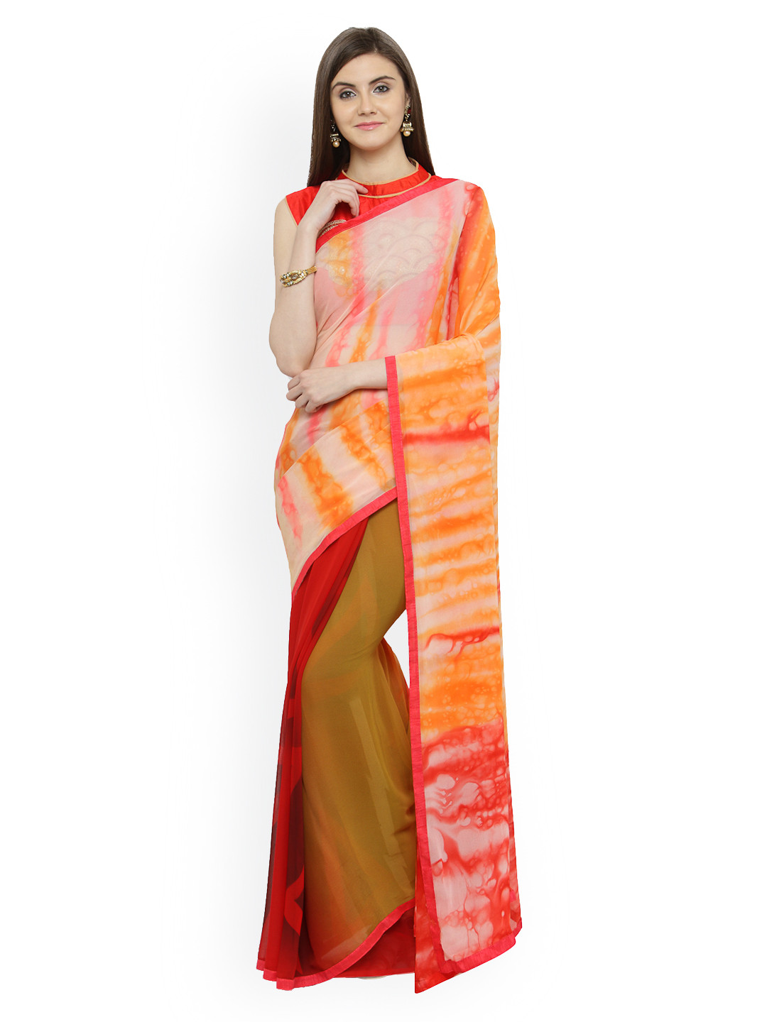 

Shaily Beige & Red Pure Georgette Printed Saree