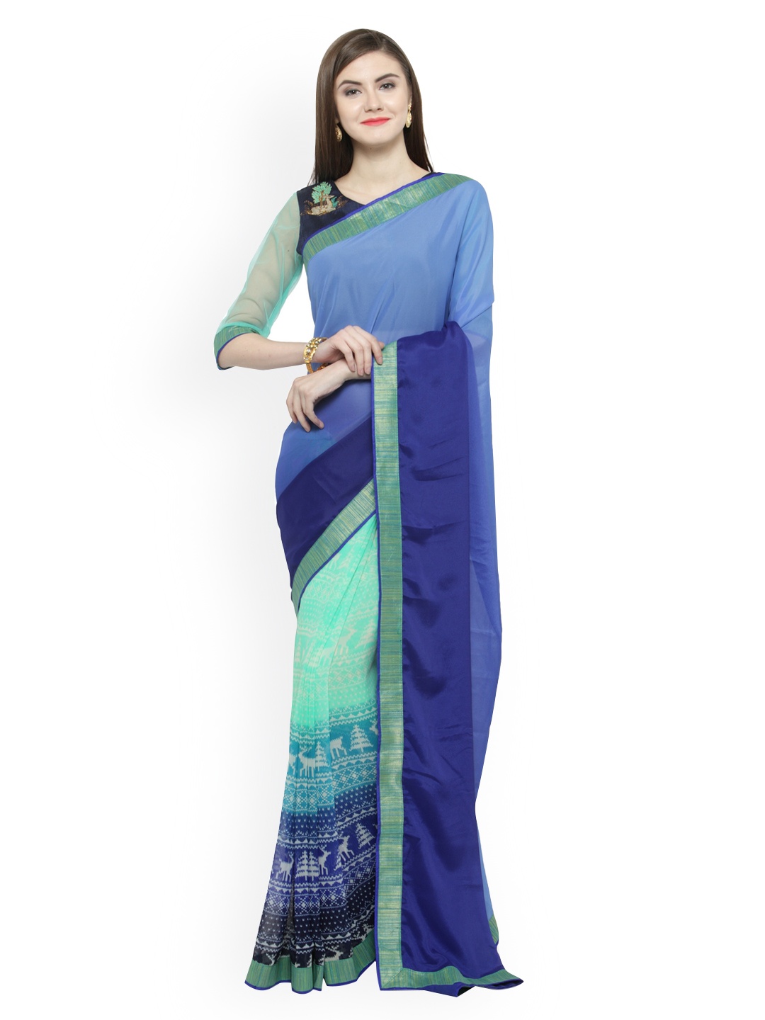 

Shaily Blue & Green Pure Georgette Printed Saree