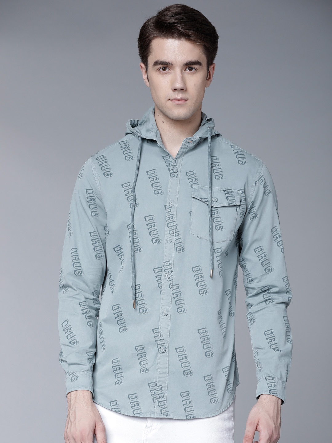 LOCOMOTIVE Men Grey Slim Fit Printed Casual Shirt