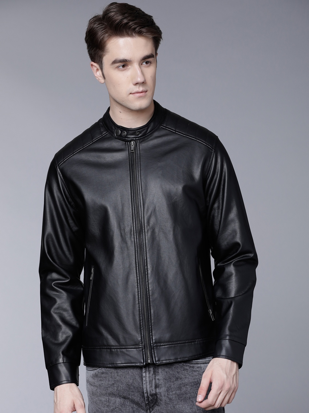 

LOCOMOTIVE Men Black Solid Biker Jacket