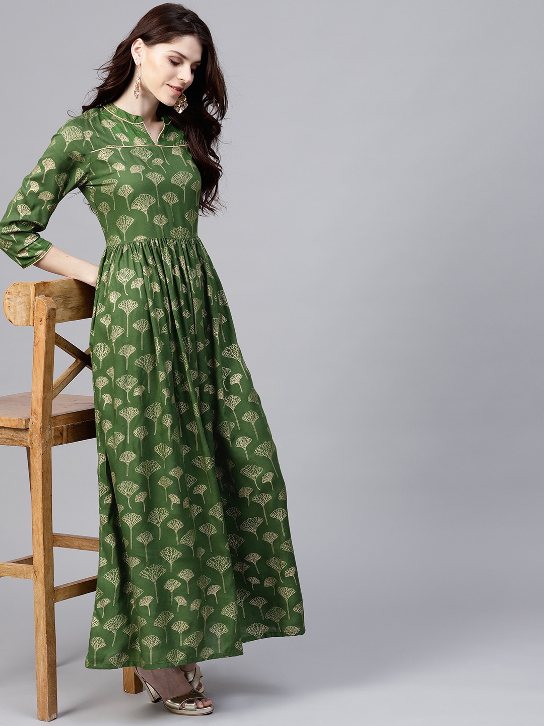 

AKS Women Green & Golden Printed Maxi Dress