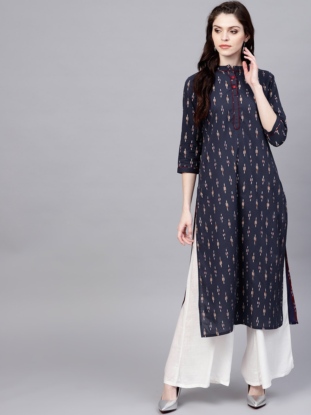 

AKS Women Navy Blue Printed Straight Kurta
