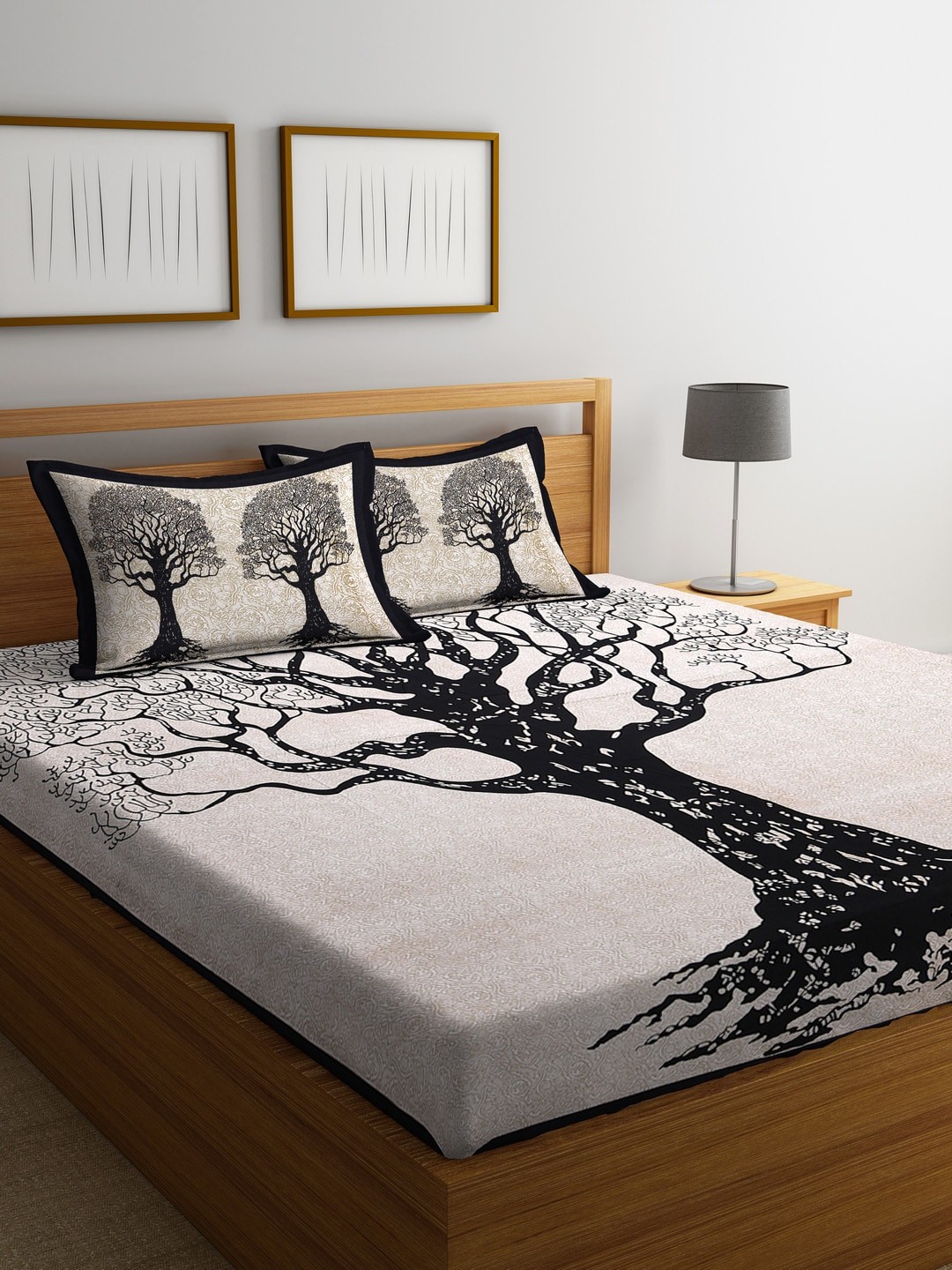 

Rajasthan Decor White & Black Floral Flat 144 TC Cotton 1 King Bedsheet with 2 Pillow Covers