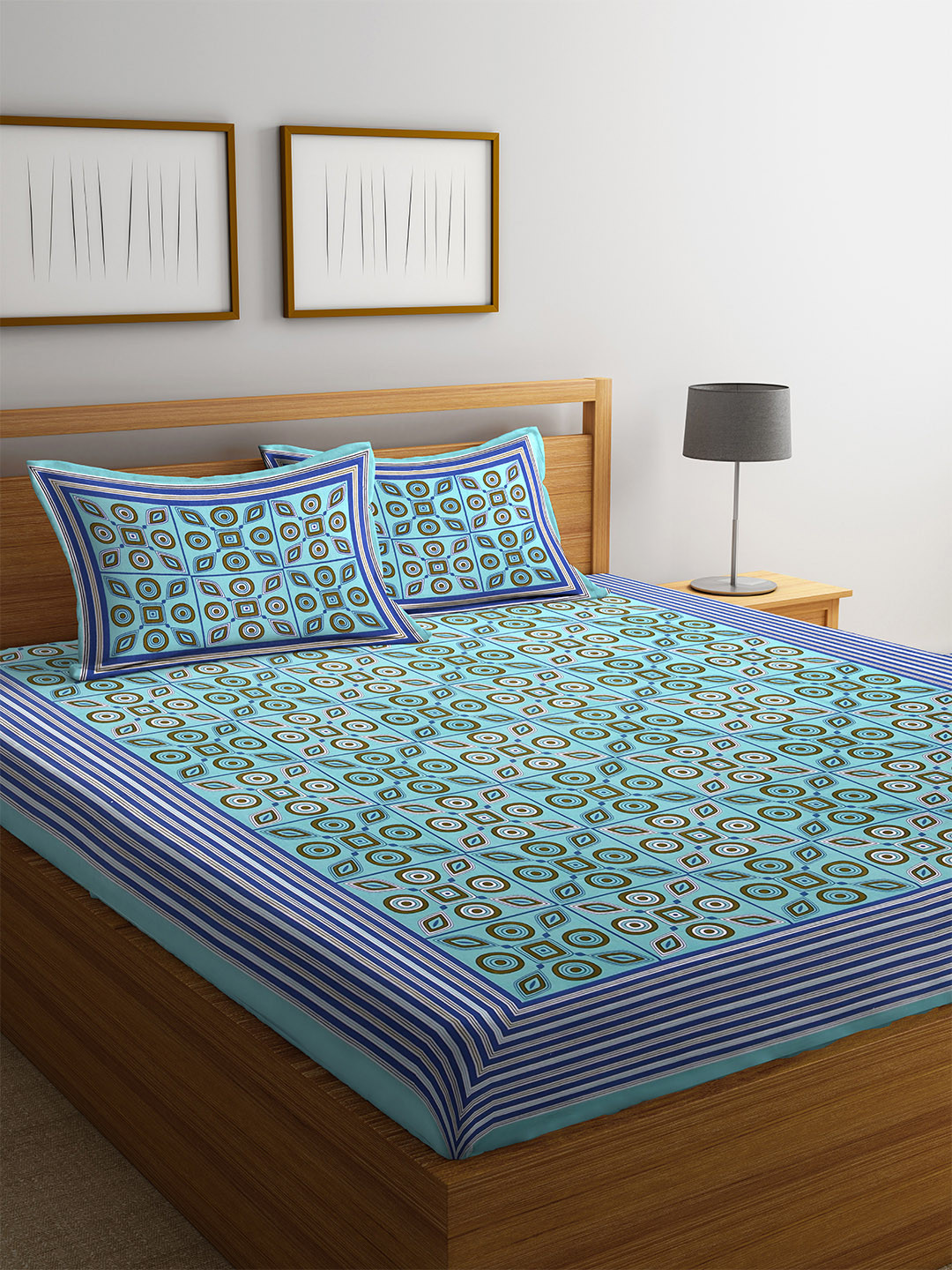 

Rajasthan Decor Green & Blue Floral Flat 144 TC Cotton 1 King Bedsheet with 2 Pillow Covers