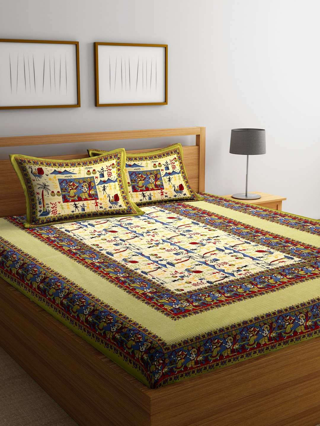 

Rajasthan Decor Multicoloured Ethnic Motifs Flat 144 TC Cotton 1 King Bedsheet with 2 Pillow Covers, Multi