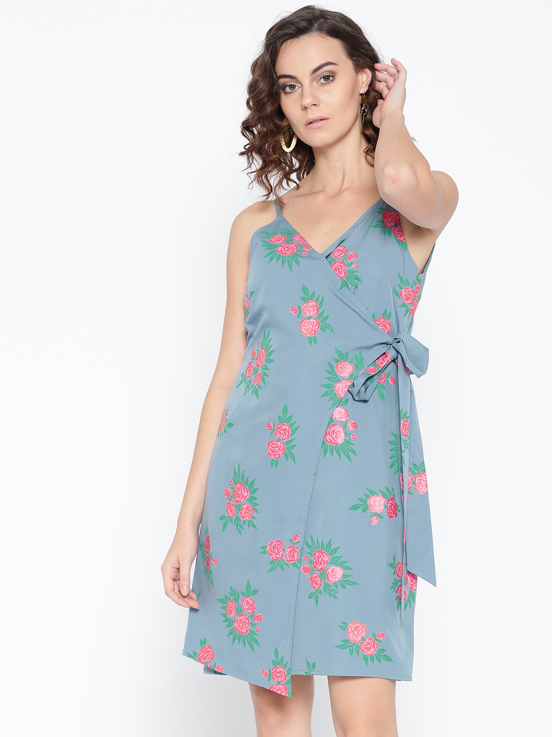 

MABISH by Sonal Jain Women Blue & Pink Floral Print Wrap Dress