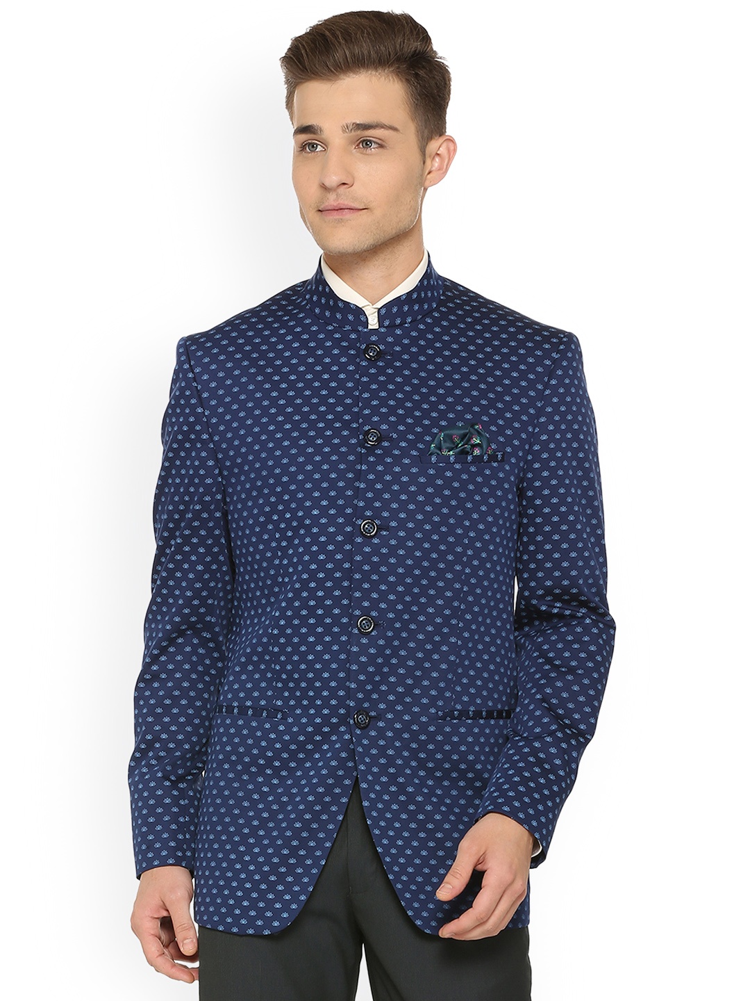 

Allen Solly Men Navy Blue Printed Single-Breasted Pure Cotton Blazer