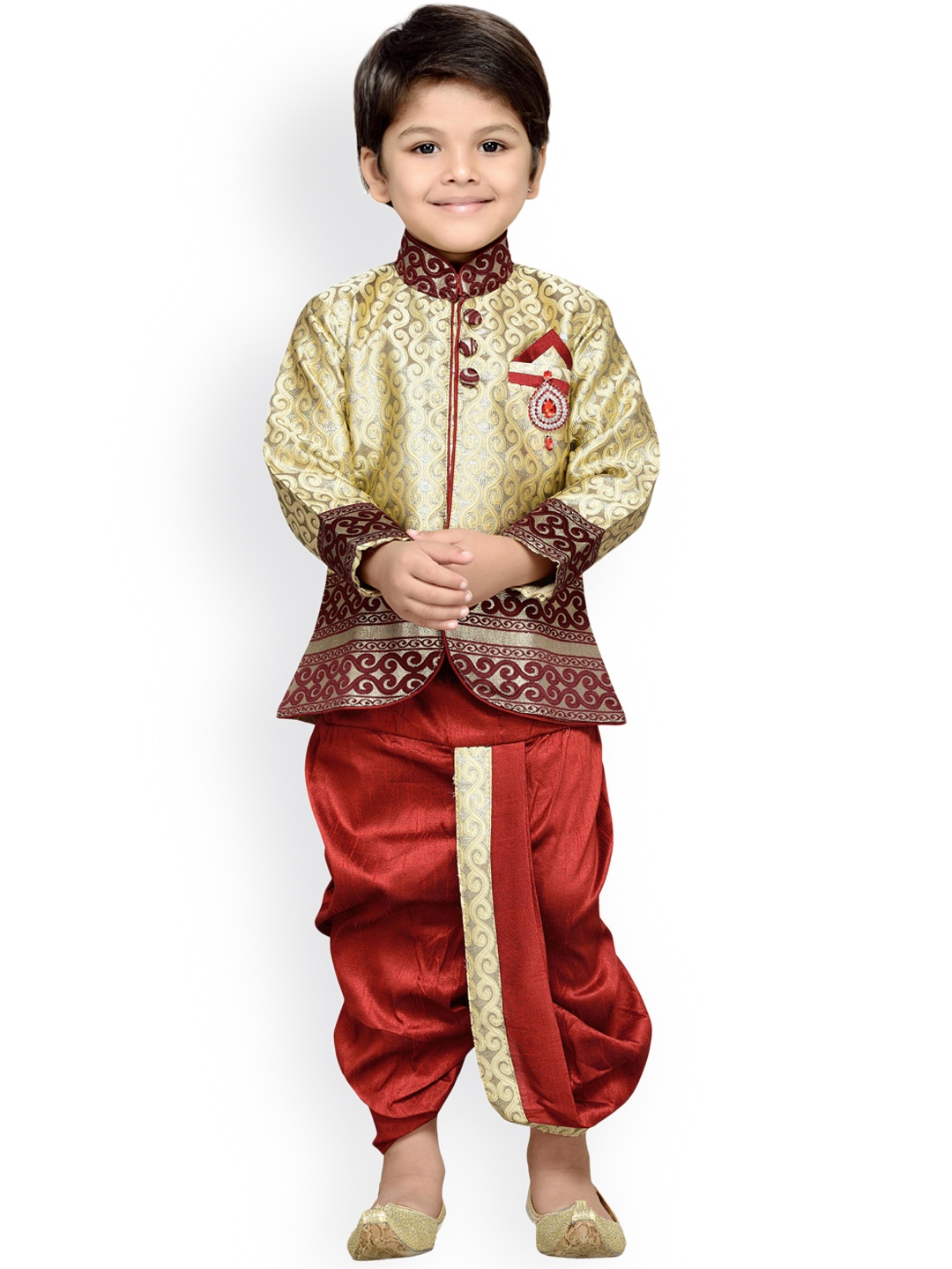 

Aj DEZInES Boys Beige & Maroon Indo Western Kurta Dhoti Set