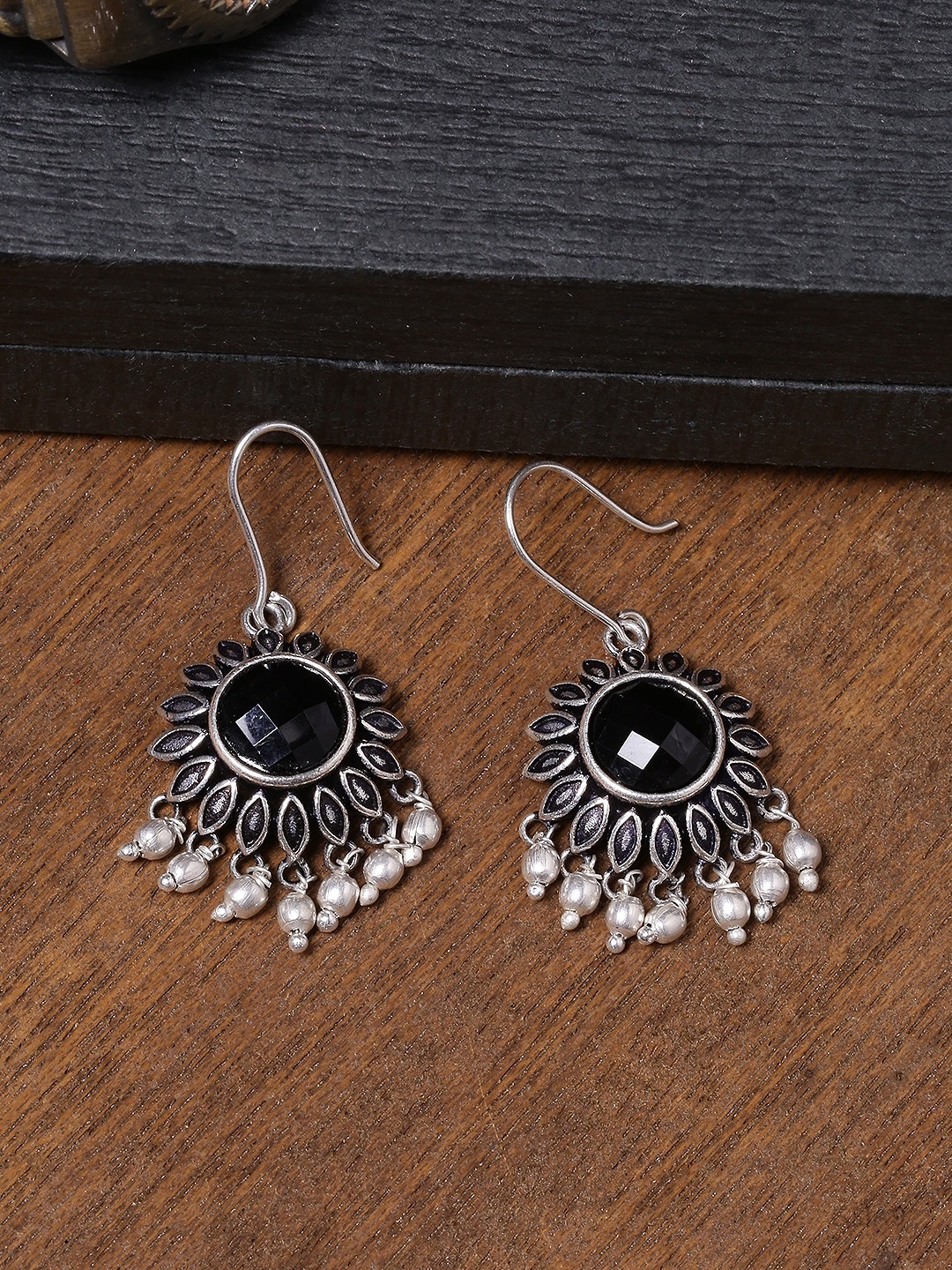 

Voylla Silver-Plated & Black Floral Drop Oxidised Earrings