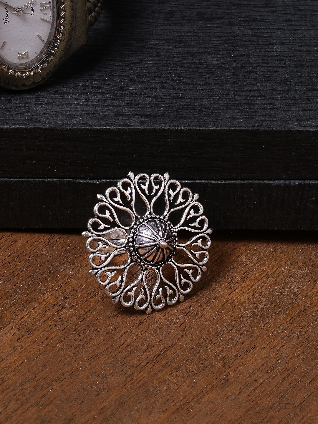 

Voylla Oxidised Silver-Plated Adjustable Statement Ring
