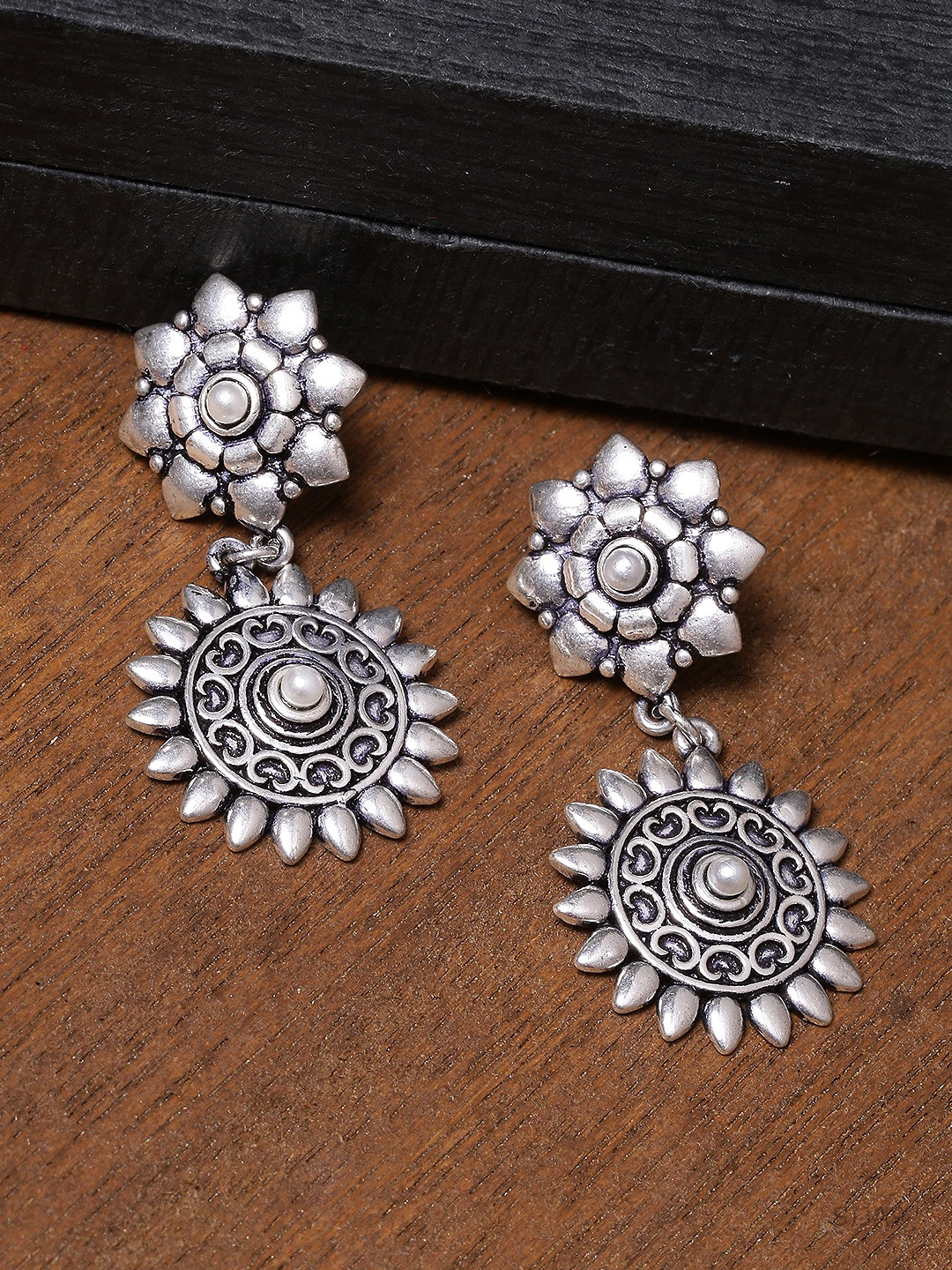 

Voylla Silver-Toned Floral Drop Earrings