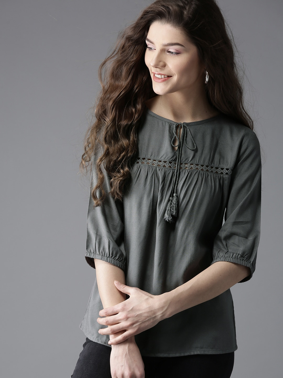 

HERE&NOW Grey A-Line Top With Tie-Up Neck